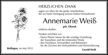 Anzeige von Annemarie Weiß von Schwäbische Zeitung