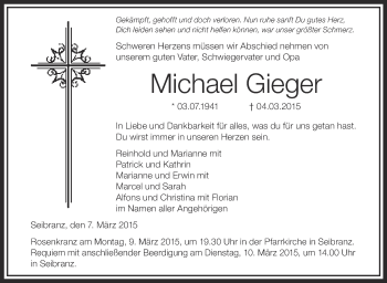 Anzeige von Michael Gieger von Schwäbische Zeitung