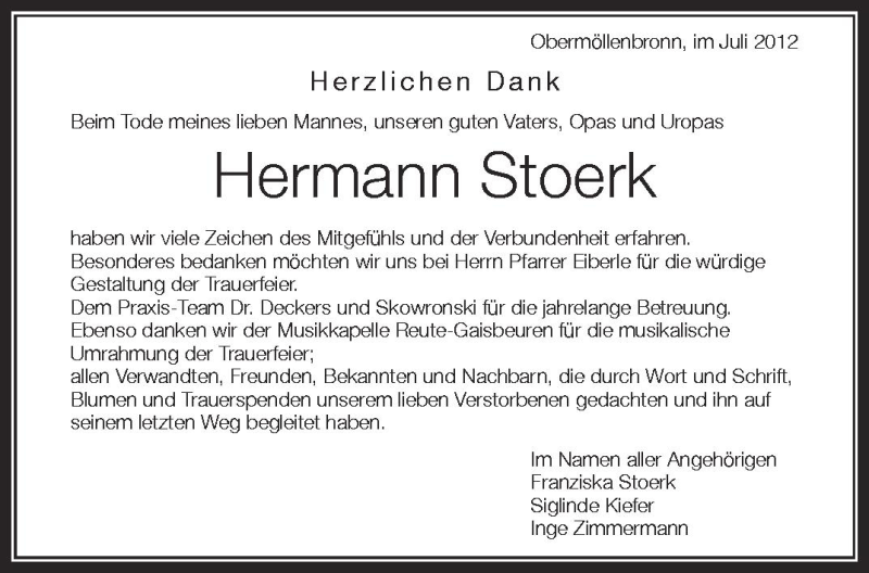  Traueranzeige für Hermann Stoerk vom 27.07.2012 aus Schwäbische Zeitung
