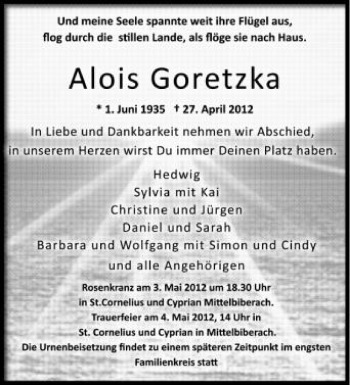 Anzeige von Alois Goretzka von Schwäbische Zeitung