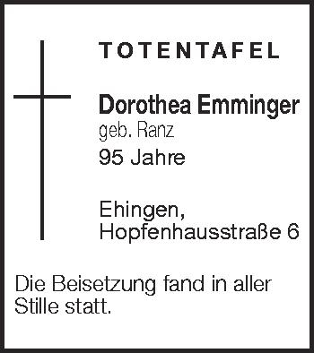 Anzeige von Dorothea Emminger von Schwäbische Zeitung