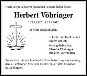 Anzeige von Herbert  Vöhringer von Schwäbische Zeitung