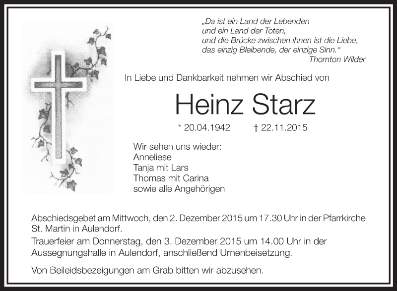  Traueranzeige für Heinz Starz vom 28.11.2015 aus Schwäbische Zeitung
