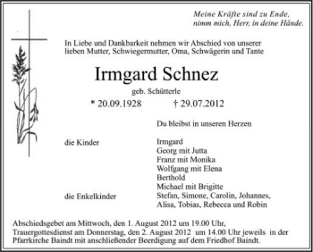 Anzeige von Irmgard Schnez von Schwäbische Zeitung