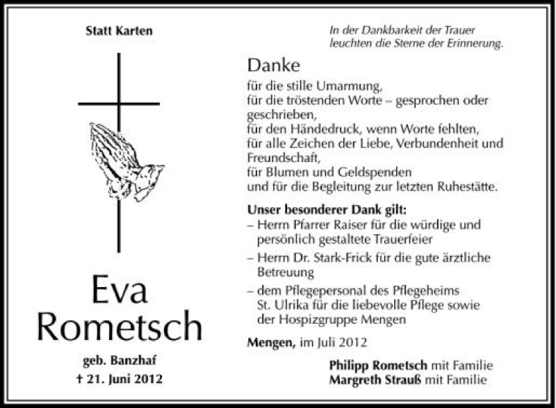  Traueranzeige für Eva Rometsch vom 07.07.2012 aus Schwäbische Zeitung
