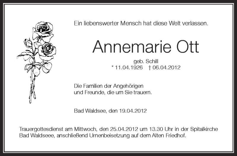  Traueranzeige für Annemarie Ott vom 19.04.2012 aus Schwäbische Zeitung