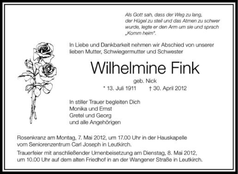  Traueranzeige für Wilhelmine Fink vom 05.05.2012 aus Schwäbische Zeitung