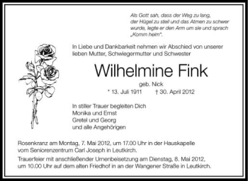 Anzeige von Wilhelmine Fink von Schwäbische Zeitung