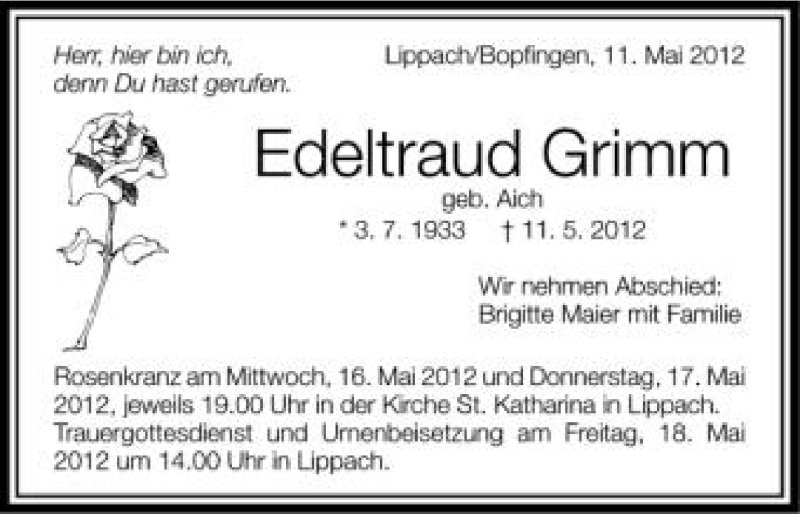  Traueranzeige für Edeltraud Grimm vom 14.05.2012 aus Schwäbische Zeitung