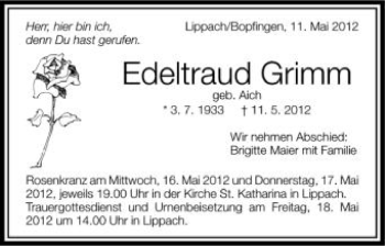 Anzeige von Edeltraud Grimm von Schwäbische Zeitung
