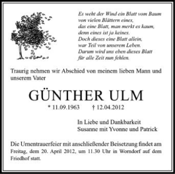 Anzeige von Günter Ulm von Schwäbische Zeitung