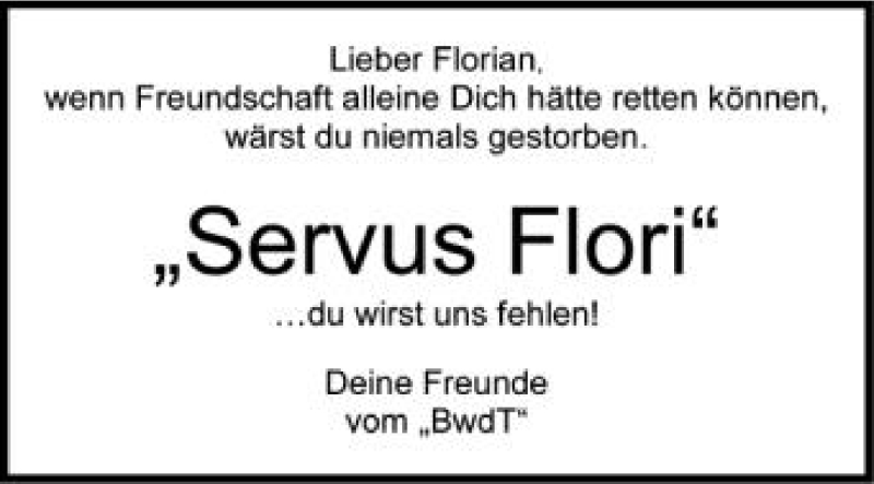  Traueranzeige für Florian  vom 06.10.2012 aus Schwäbische Zeitung