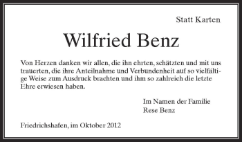 Anzeige von Wilfried Benz von Schwäbische Zeitung