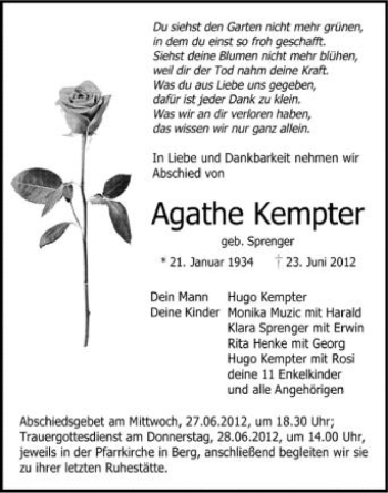 Anzeige von Agathe Kempter von Schwäbische Zeitung