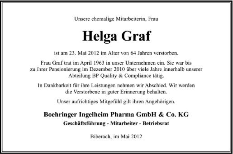  Traueranzeige für Helga Graf vom 31.05.2012 aus Schwäbische Zeitung
