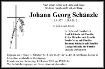 Anzeige von Johann Georg  Schänzle von Schwäbische Zeitung