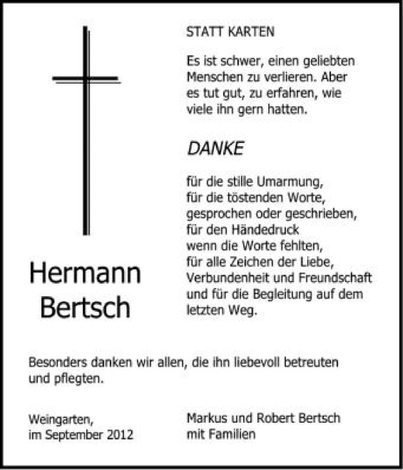  Traueranzeige für Hermann Bertsch vom 26.09.2012 aus Schwäbische Zeitung