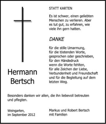 Anzeige von Hermann Bertsch von Schwäbische Zeitung