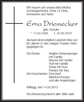 Anzeige von Erna Driemecker von Schwäbische Zeitung