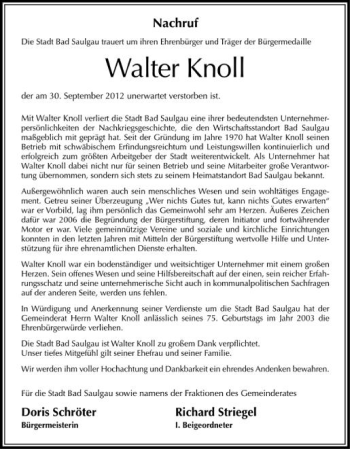 Anzeige von Walter Knoll von Schwäbische Zeitung