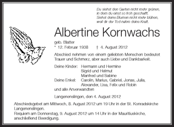 Anzeige von Albertine Kornwachs von Schwäbische Zeitung