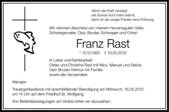 Anzeige von Franz Rast von Schwäbische Zeitung