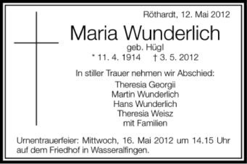 Traueranzeige für Maria Wunderlich vom 12.05.2012 aus Schwäbische Zeitung