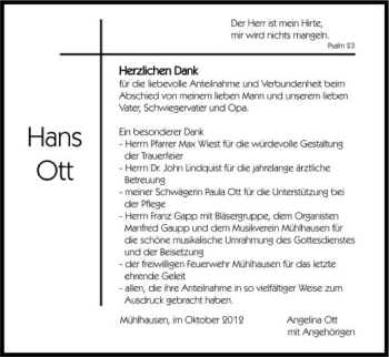 Anzeige von Hans Ott von Schwäbische Zeitung