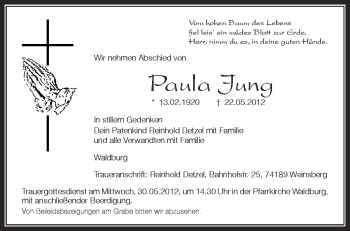 Anzeige von Paula Jung von Schwäbische Zeitung