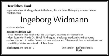 Anzeige von Ingeborg Widmann von Schwäbische Zeitung