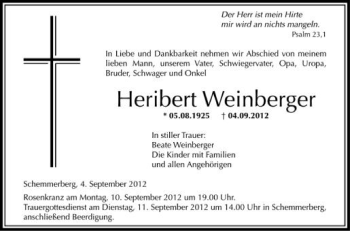 Anzeige von Heribert Weinberger von Schwäbische Zeitung