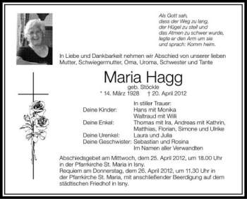 Anzeige von Maria Hagg von Schwäbische Zeitung