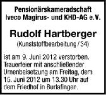 Anzeige von Rudolf Hartberger von Schwäbische Zeitung