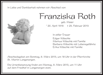 Anzeige von Franziska Roth von Schwäbische Zeitung