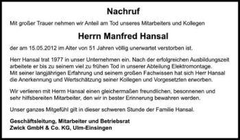 Anzeige von Manfred Hansal von Schwäbische Zeitung