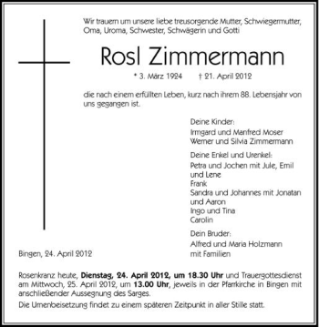 Anzeige von Rosl Zimmermann von Schwäbische Zeitung