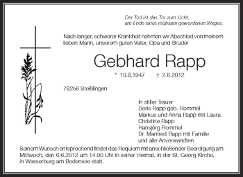 Anzeige von Gebhard Rapp von Schwäbische Zeitung
