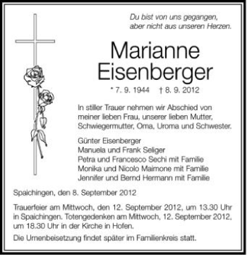 Anzeige von Marianne Eisenberger von Schwäbische Zeitung