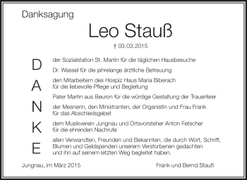 Anzeige von Leo Stauß von Schwäbische Zeitung