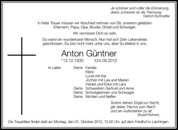 Anzeige von Anton Güntner von Schwäbische Zeitung