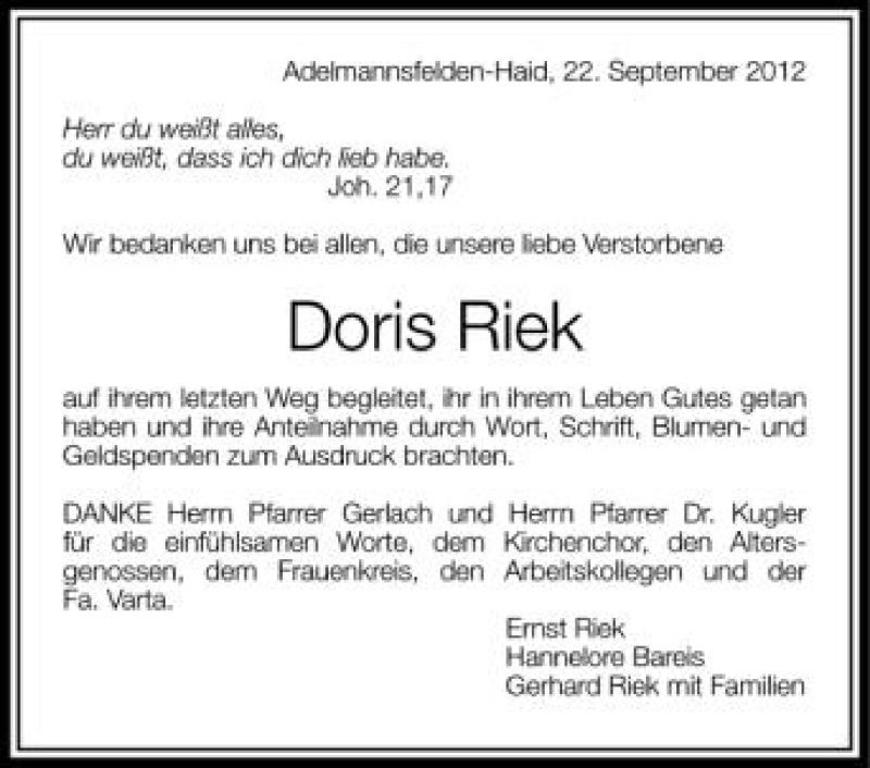  Traueranzeige für Doris Rieck vom 22.09.2012 aus Schwäbische Zeitung