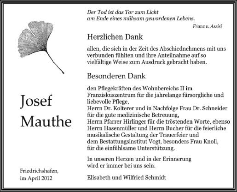  Traueranzeige für Josef Mauthe vom 14.04.2012 aus Schwäbische Zeitung