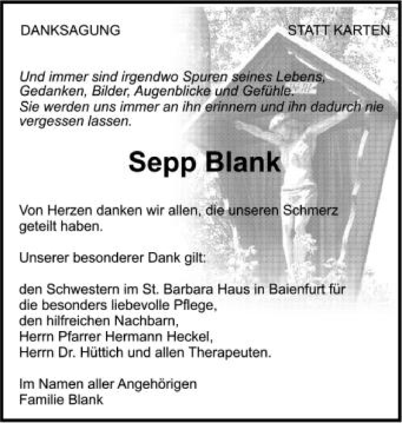  Traueranzeige für Sepp Blank vom 20.08.2012 aus Schwäbische Zeitung