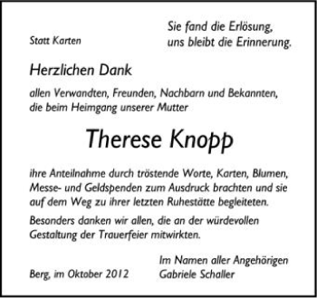 Anzeige von Therese Knopp von Schwäbische Zeitung