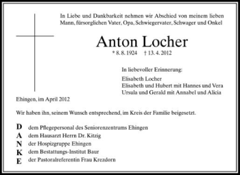 Anzeige von Anton Locher von Schwäbische Zeitung