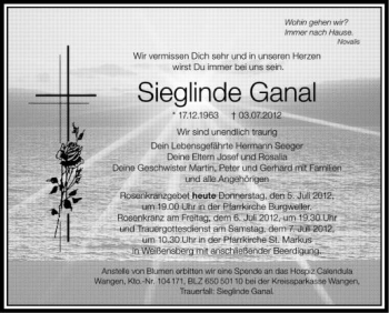 Anzeige von Sieglinde Ganal von Schwäbische Zeitung