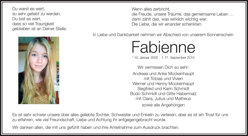  Traueranzeige für Fabienne  vom 25.09.2015 aus Schwäbische Zeitung