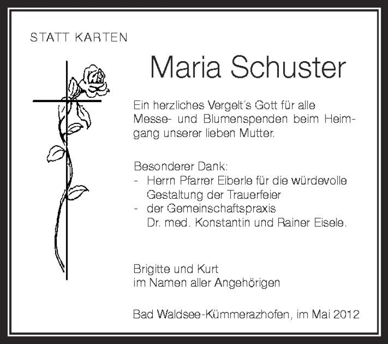  Traueranzeige für Maria Schuster vom 09.05.2012 aus Schwäbische Zeitung