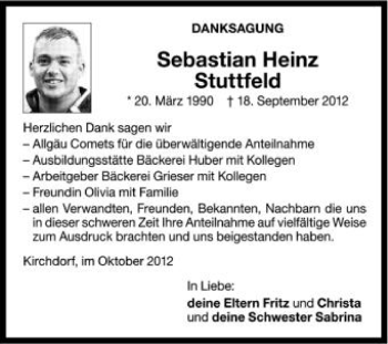 Anzeige von Sebastian Heinz Stuttfeld von Schwäbische Zeitung