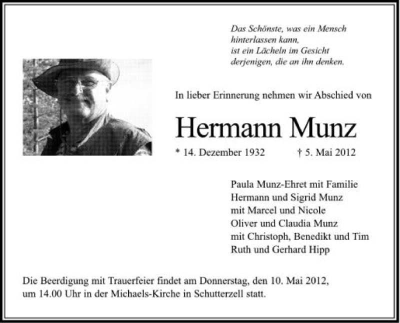  Traueranzeige für Hermann Munz vom 08.05.2012 aus Schwäbische Zeitung